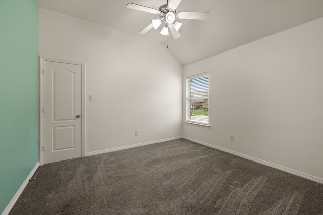 6345 Pinionpark Way, Fort Worth, TX 76179 - spare room with a ceiling fan, lofted ceiling, dark carpet, and baseboards