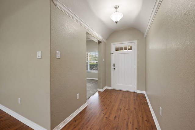 6345 Pinionpark Way, Fort Worth, TX 76179 - entryway with wood finished floors, baseboards, lofted ceiling, and a textured wall
