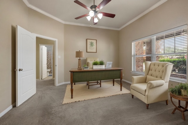 6345 Pinionpark Way, Fort Worth, TX 76179 - home office with ceiling fan, carpet flooring, ornamental molding, and baseboards