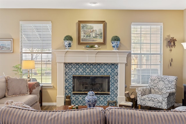 3625 Mackenzie Ln, Richardson, TX 75082 - living room with a fireplace, wood finished floors, baseboards, and plenty of natural light
