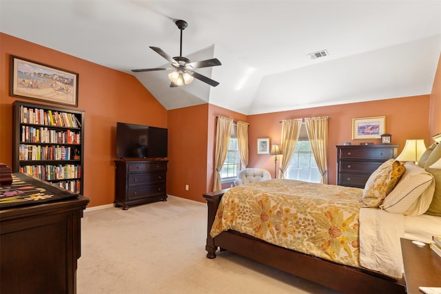 3625 Mackenzie Ln, Richardson, TX 75082 - bedroom featuring baseboards, lofted ceiling, light carpet, ceiling fan, and access to outside