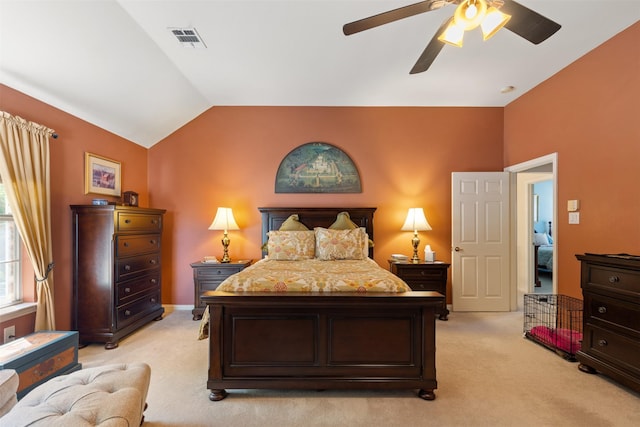 3625 Mackenzie Ln, Richardson, TX 75082 - bedroom featuring light carpet, vaulted ceiling, and a ceiling fan