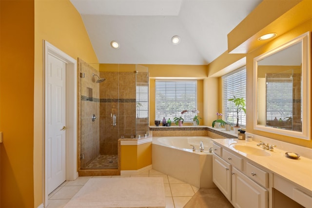3625 Mackenzie Ln, Richardson, TX 75082 - bathroom featuring lofted ceiling, tile patterned flooring, a shower stall, a bath, and recessed lighting