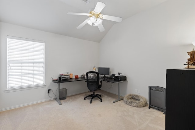 3625 Mackenzie Ln, Richardson, TX 75082 - home office featuring lofted ceiling, carpet, a ceiling fan, and baseboards