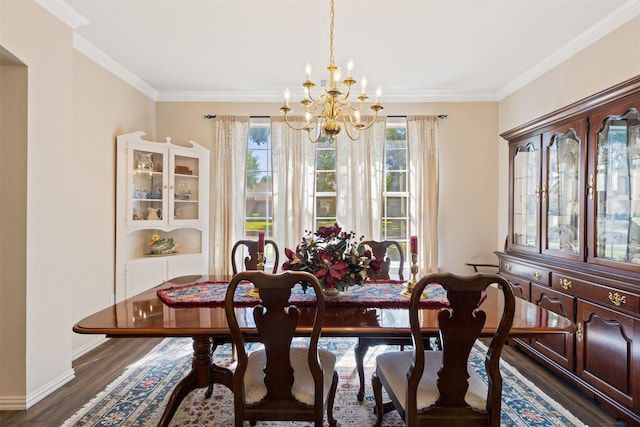 3625 Mackenzie Ln, Richardson, TX 75082 - dining room featuring a chandelier, dark wood-type flooring, plenty of natural light, crown molding, and baseboards