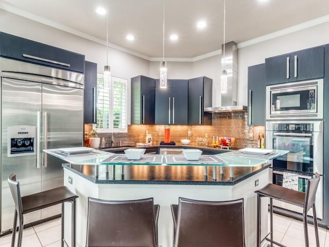 18004 Windflower Way, Dallas, TX 75252 - kitchen with light tile patterned floors, built in appliances, wall chimney exhaust hood, decorative backsplash, and ornamental molding