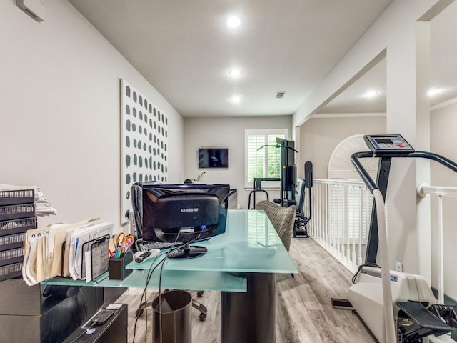 18004 Windflower Way, Dallas, TX 75252 - office space featuring wood finished floors, ornamental molding, and recessed lighting