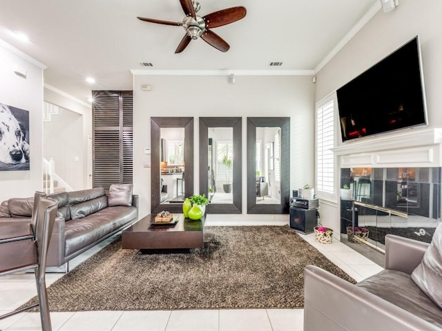 18004 Windflower Way, Dallas, TX 75252 - tiled living room featuring ornamental molding and a ceiling fan