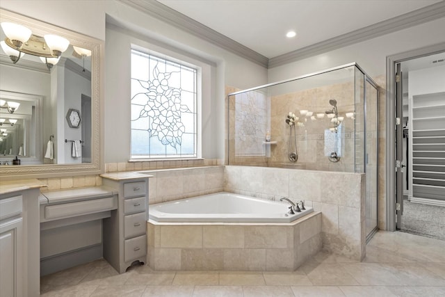 7300 Thames Trl, Colleyville, TX 76034 - bathroom featuring ornamental molding, a stall shower, a garden tub, tile patterned floors, and vanity