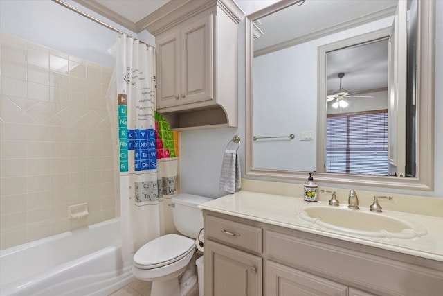 7300 Thames Trl, Colleyville, TX 76034 - full bath featuring toilet, ceiling fan, vanity, and shower / bathtub combination with curtain