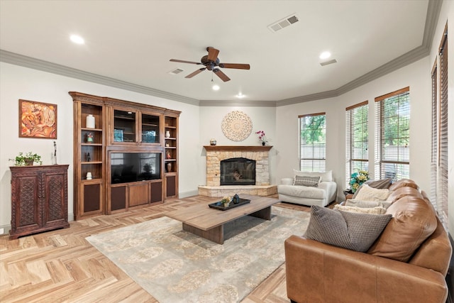 7300 Thames Trl, Colleyville, TX 76034 - living room with a ceiling fan, crown molding, a fireplace, and recessed lighting