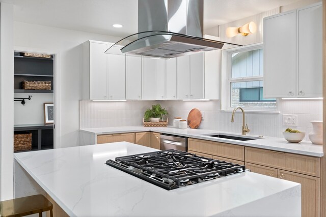 8317 Angier Way, Dallas, TX 75228 - kitchen with a sink, island exhaust hood, a kitchen island, tasteful backsplash, and recessed lighting