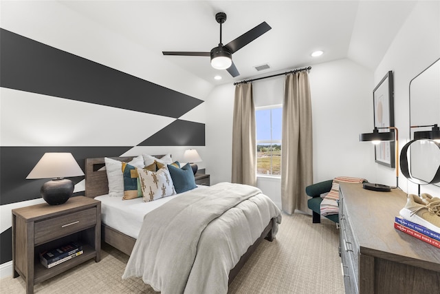 2016 Morris St, Rockwall, TX 75087 - bedroom featuring vaulted ceiling, light carpet, recessed lighting, and a ceiling fan
