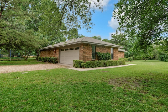 674 Milam Rd, Van Alstyne, TX 75495 - view of side of home featuring gravel driveway, a yard, brick siding, and a garage
