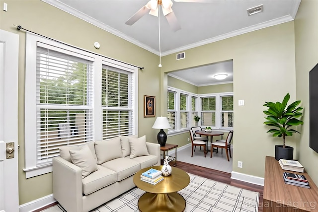 210 S Rosemont Ave, Dallas, TX 75208 - living room featuring crown molding, a ceiling fan, baseboards, and wood finished floors