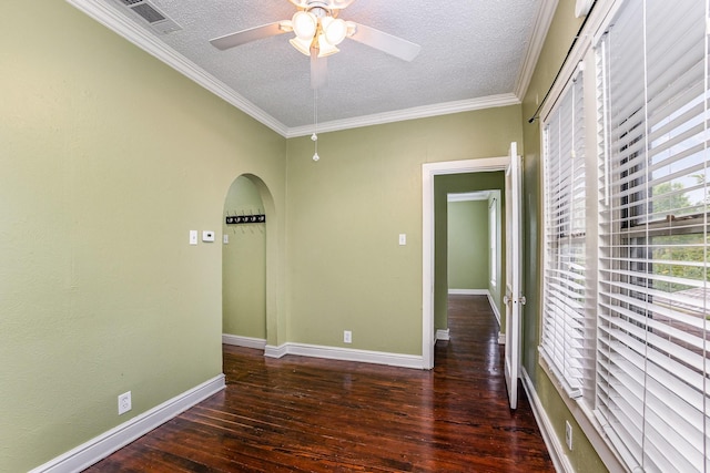 210 S Rosemont Ave, Dallas, TX 75208 - unfurnished room featuring a textured ceiling, arched walkways, wood-type flooring, ceiling fan, and baseboards