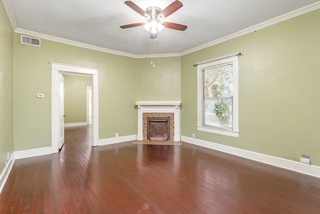 210 S Rosemont Ave, Dallas, TX 75208 - unfurnished living room with a ceiling fan, hardwood / wood-style flooring, ornamental molding, a premium fireplace, and baseboards