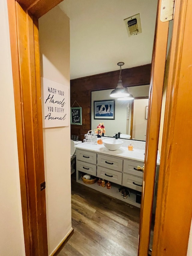307 S King Lake Rd, Scroggins, TX 75480 - hallway featuring dark wood-style flooring, a sink, and wood walls