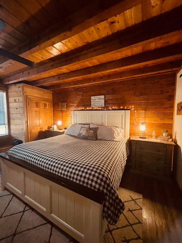 307 S King Lake Rd, Scroggins, TX 75480 - bedroom featuring wooden walls, wooden ceiling with exposed beams, and wood finished floors