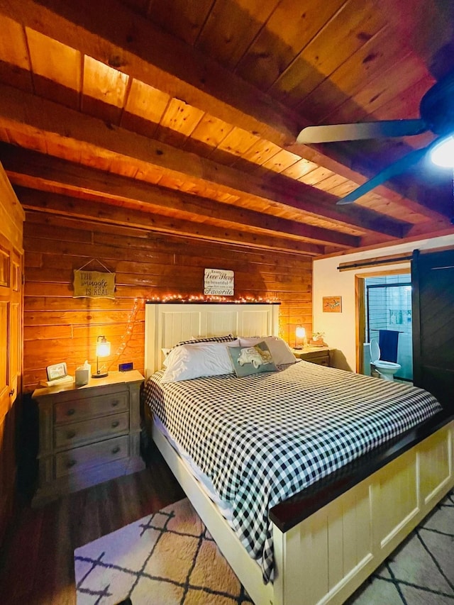 307 S King Lake Rd, Scroggins, TX 75480 - bedroom featuring wood walls, wood ceiling with exposed beams, and wood finished floors