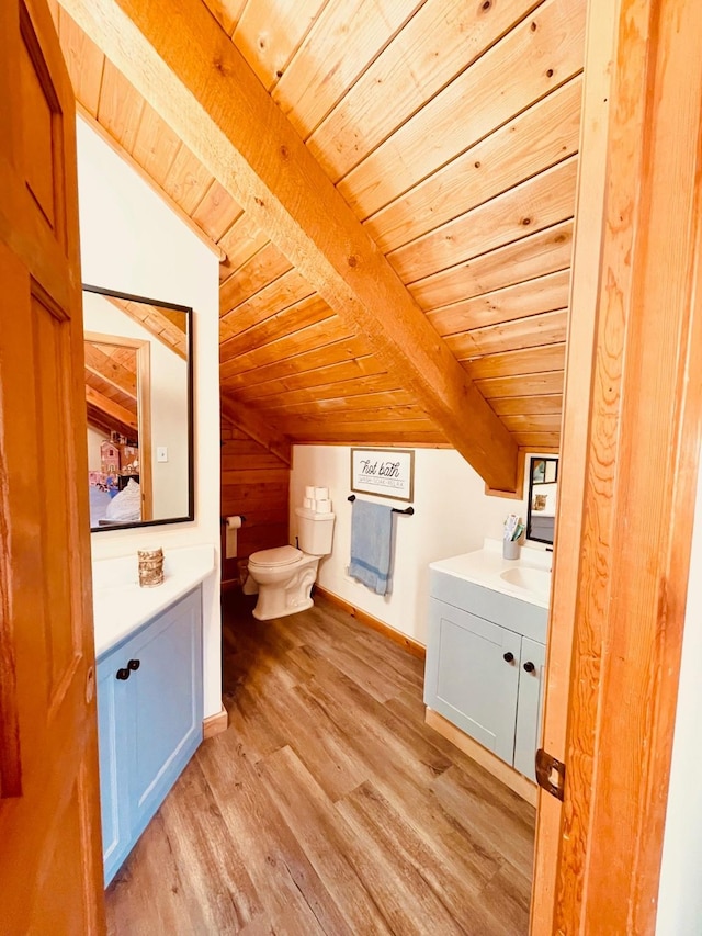 307 S King Lake Rd, Scroggins, TX 75480 - bathroom with wood ceiling, vanity, toilet, and wood finished floors