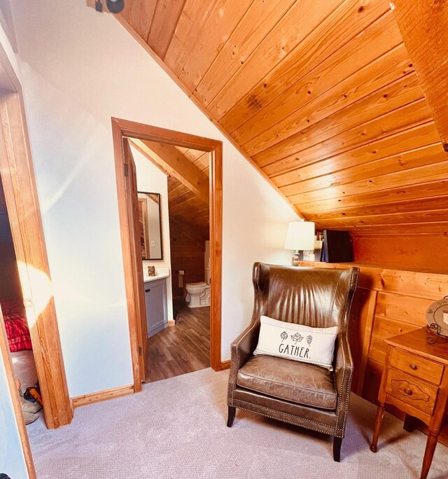 307 S King Lake Rd, Scroggins, TX 75480 - sitting room featuring lofted ceiling, wooden ceiling, carpet, and baseboards