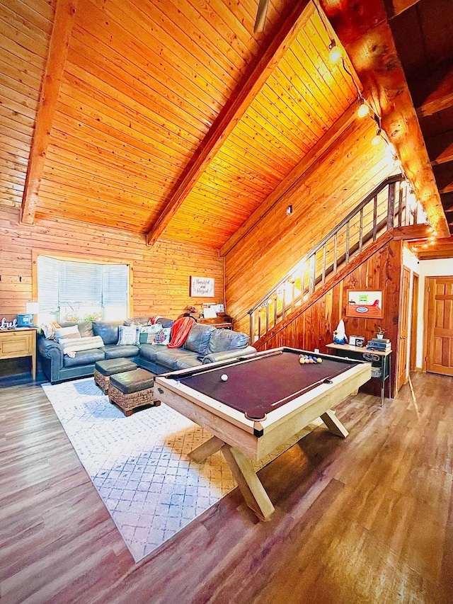 307 S King Lake Rd, Scroggins, TX 75480 - playroom featuring wood finished floors, wooden walls, billiards, and wood ceiling