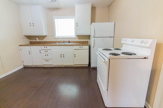 1708 S Jefferson St, Kaufman, TX 75142 - kitchen with white appliances, a sink, white cabinetry, and dark wood-style floors