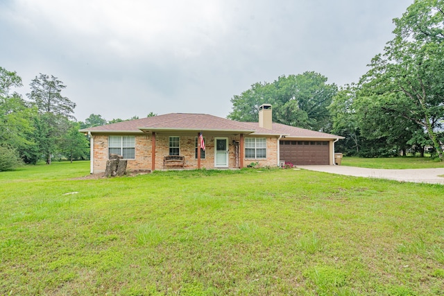 13063 Whiterock Rd, Mabank, TX 75147 - ranch-style home with an attached garage, concrete driveway, a front lawn, a chimney, and brick siding