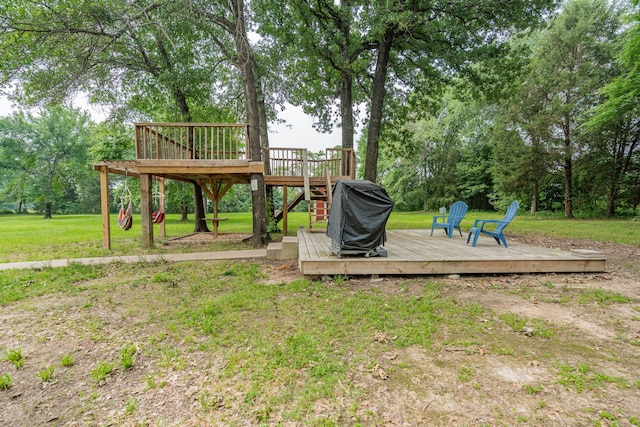 13063 Whiterock Rd, Mabank, TX 75147 - view of green lawn featuring a deck, stairs, and view of wooded area