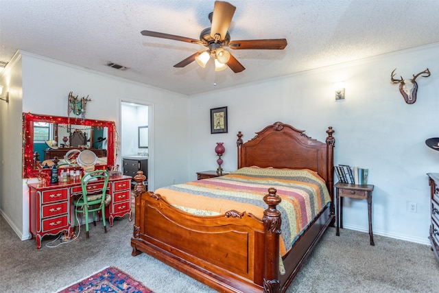 216 E Tennie St, Gainesville, TX 76240 - carpeted bedroom featuring a textured ceiling, crown molding, and ceiling fan