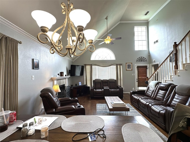 600 Black Rock Ct, Irving, TX 75063 - living area featuring ornamental molding, a chandelier, a ceiling fan, baseboards, and wood finished floors