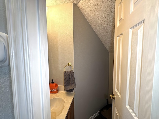 600 Black Rock Ct, Irving, TX 75063 - bathroom with vaulted ceiling, vanity, and a textured wall