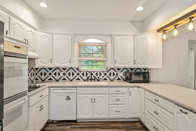 519 S Pearl St, Kemp, TX 75143 - kitchen with white appliances, white cabinets, a sink, backsplash, and recessed lighting