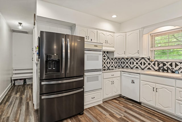 519 S Pearl St, Kemp, TX 75143 - kitchen with white appliances, white cabinetry, a sink, tasteful backsplash, and recessed lighting