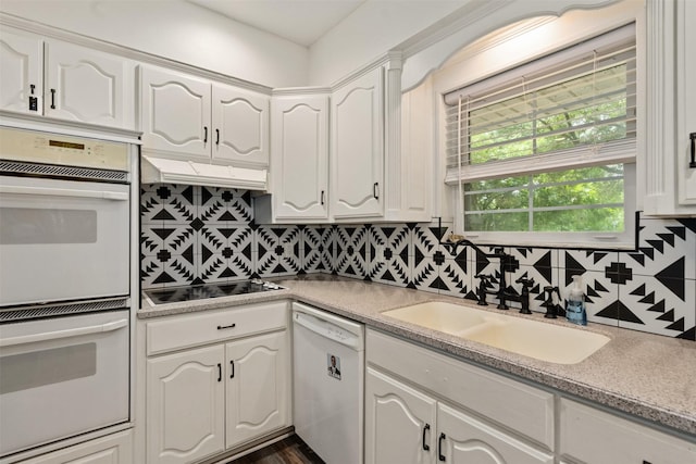 519 S Pearl St, Kemp, TX 75143 - kitchen featuring white appliances, white cabinetry, tasteful backsplash, and light countertops