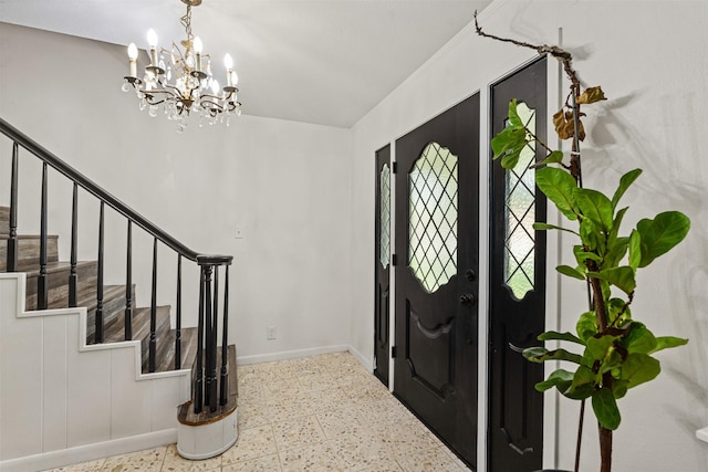 519 S Pearl St, Kemp, TX 75143 - entrance foyer with stairs, baseboards, and a chandelier