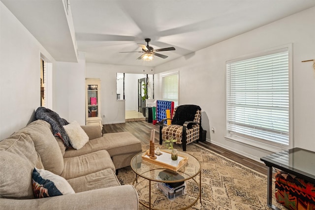 519 S Pearl St, Kemp, TX 75143 - living room with wood finished floors, ceiling fan, and baseboards