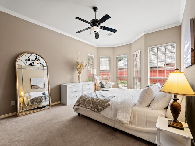 1308 Crown Point Rd, Mckinney, TX 75072 - carpeted bedroom with ornamental molding, baseboards, and a ceiling fan