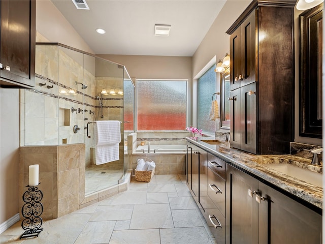 1308 Crown Point Rd, Mckinney, TX 75072 - full bathroom with a bath, a stall shower, double vanity, and recessed lighting