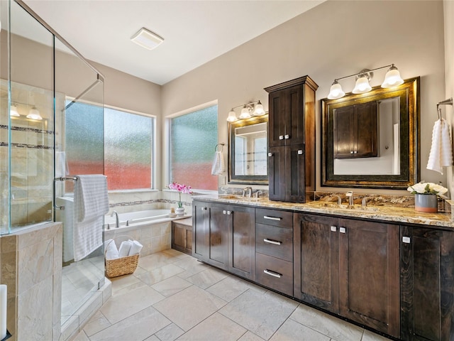 1308 Crown Point Rd, Mckinney, TX 75072 - bathroom with a bath, double vanity, and a shower stall