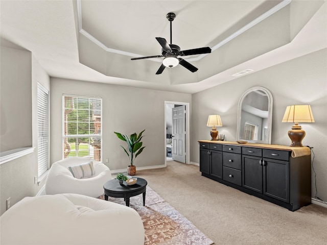 1308 Crown Point Rd, Mckinney, TX 75072 - living area with a tray ceiling, light carpet, ceiling fan, and baseboards