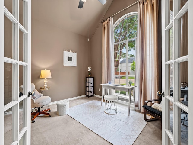 1308 Crown Point Rd, Mckinney, TX 75072 - carpeted office space with french doors, lofted ceiling, ceiling fan, and baseboards