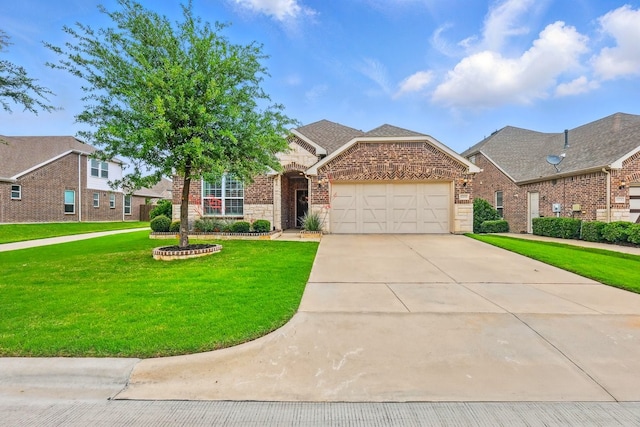 6200 Meandering Creek Dr, Denton, TX 76226 - view of front facade featuring an attached garage, brick siding, a front yard, and driveway