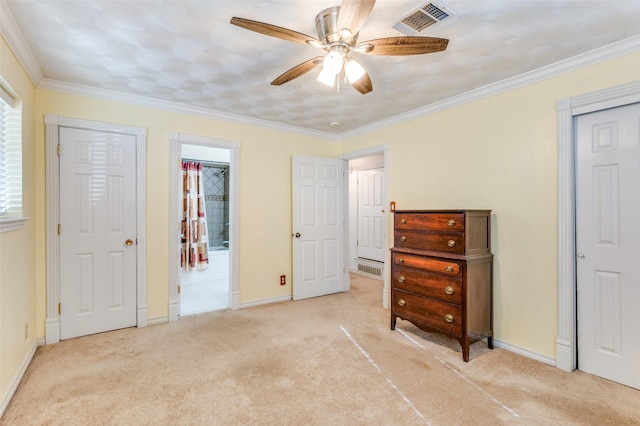 403 E Alexander Ln, Euless, TX 76040 - bedroom featuring light colored carpet, baseboards, ornamental molding, and ceiling fan