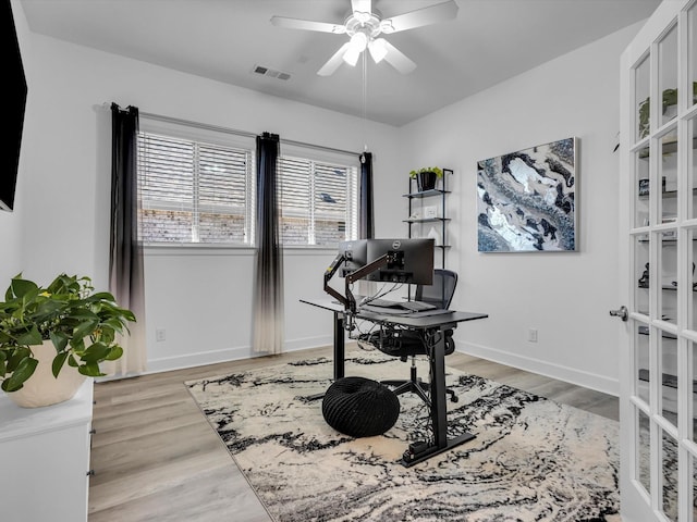 1708 Jamestown Dr, Forney, TX 75126 - office with ceiling fan, light wood finished floors, baseboards, and french doors