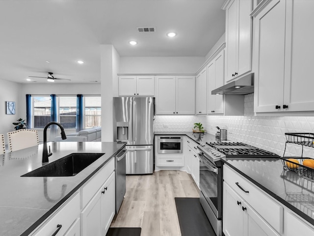 1708 Jamestown Dr, Forney, TX 75126 - kitchen with appliances with stainless steel finishes, under cabinet range hood, a sink, backsplash, and white cabinets