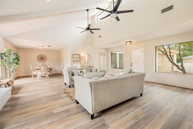 4702 Pamela Dr, Abilene, TX 79606 - living room featuring light wood-type flooring, baseboards, a ceiling fan, and high vaulted ceiling