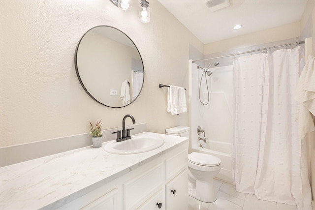 4702 Pamela Dr, Abilene, TX 79606 - full bathroom with vanity, toilet, marble finish flooring, and shower / tub combo with curtain