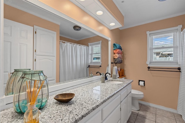 711 Aqua Vista Dr, Granbury, TX 76049 - bathroom featuring toilet, baseboards, tile patterned floors, double vanity, and ornamental molding